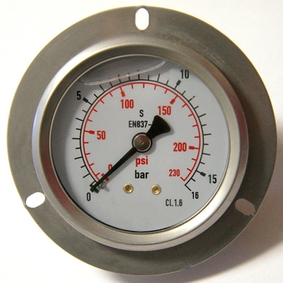 棒2.5インチ16の230 psiのシリコーン油の詰物の圧力計3の穴のフランジの液体に満ちた圧力計